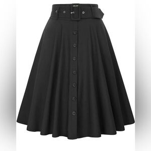 Belle Pogue Black Fit Flare Belt Button Down Business Midi Skirt